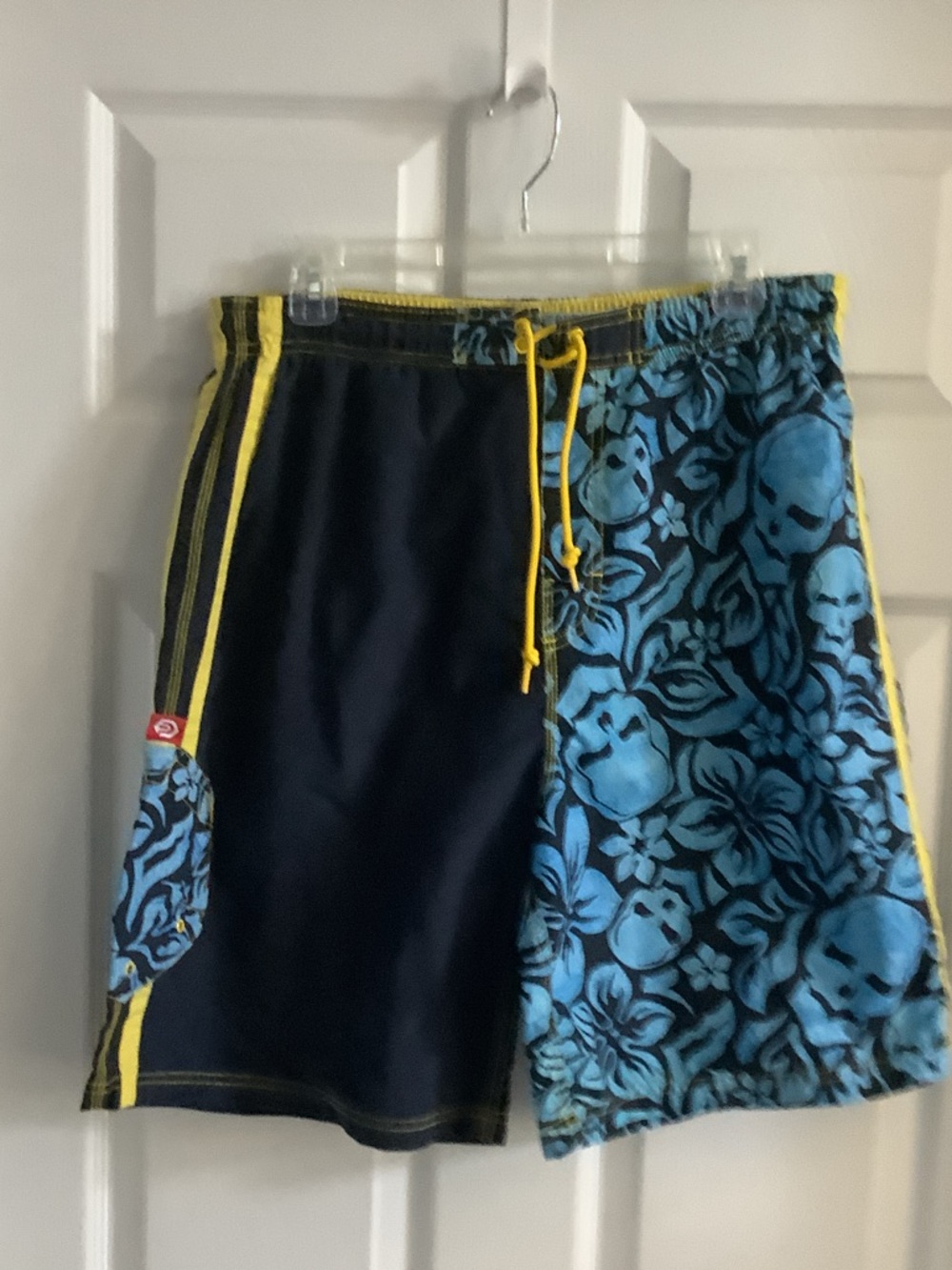 OP Men's Blue Floral Skull‎ Hybrid Swim Shorts with Yellow Trim